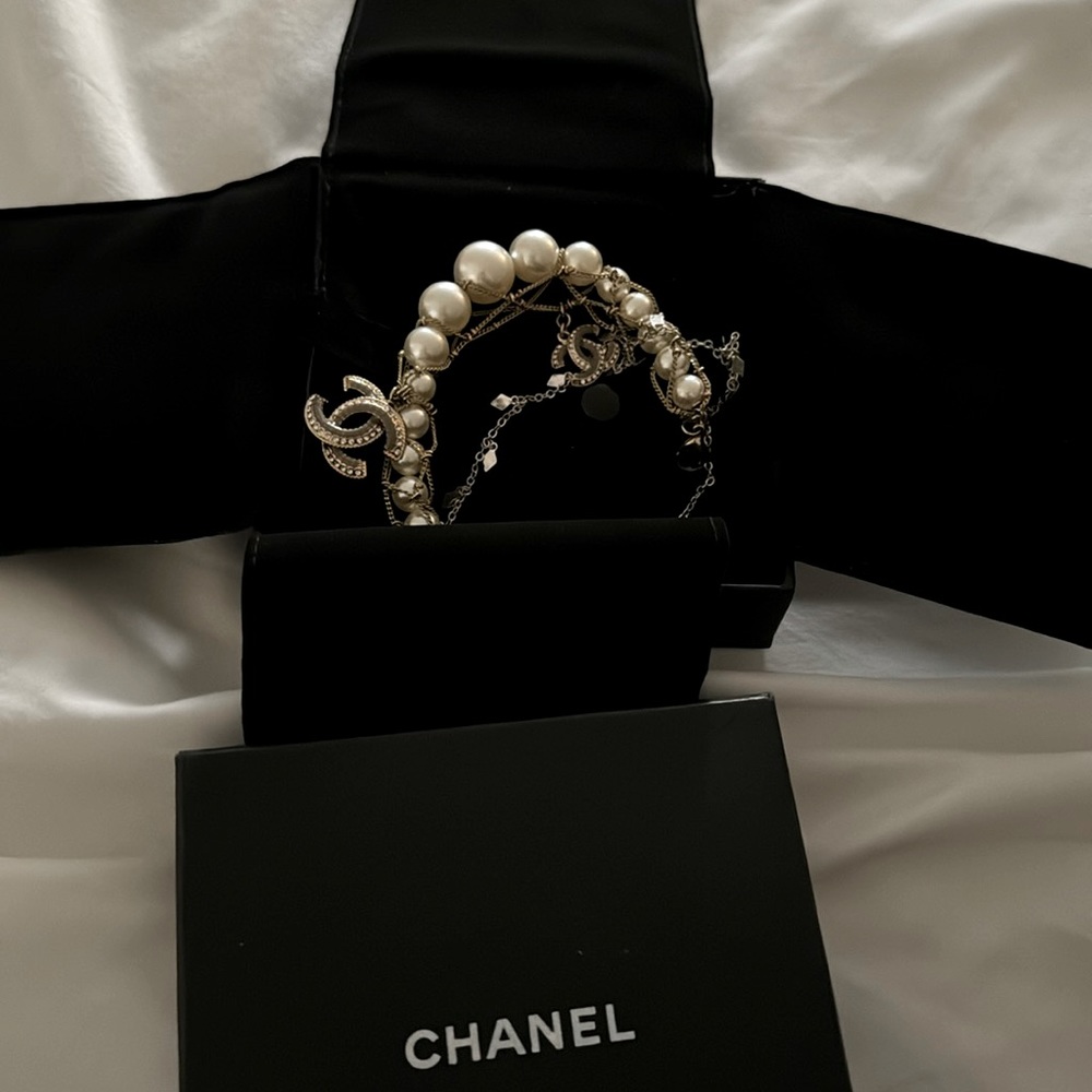 Pearl Authentic Chanel Gold Pearl Bracelet With CC Charm In Box  14K